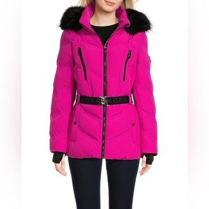 Michael Kors Faux Fur Hooded Belted Puffer Coat Azalea